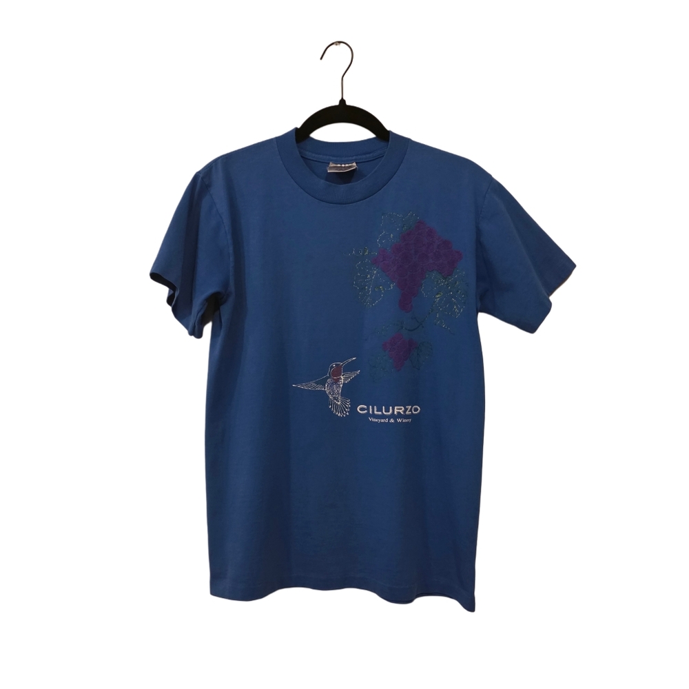 Vintage Y2K Womens T Shirt Blue Graphic Tee Winery Hummingbird 90s Medium